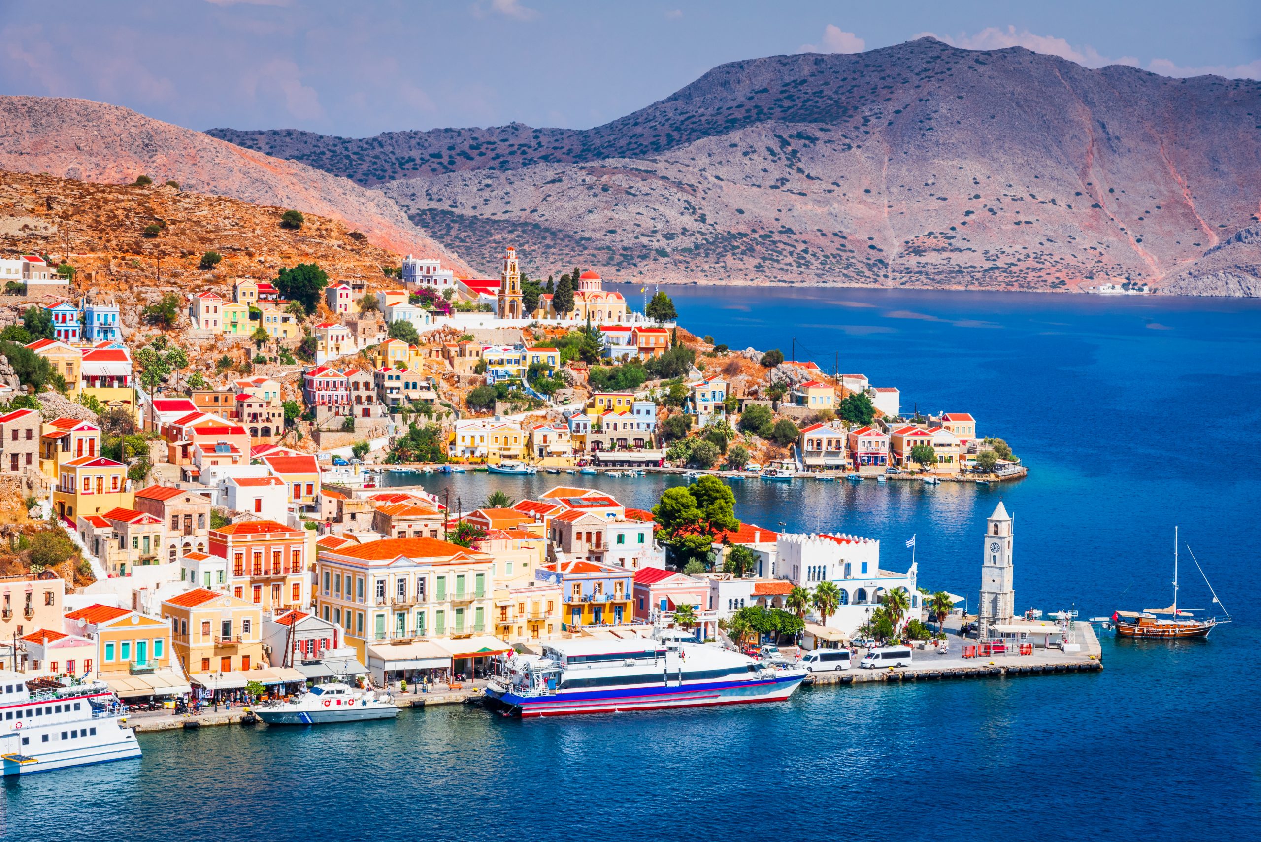Symi, Greece. Colored houses village in Dodecanese islands, Rhodes.